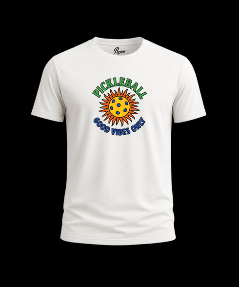 White t-shirt with pickleball design and text on a white background
